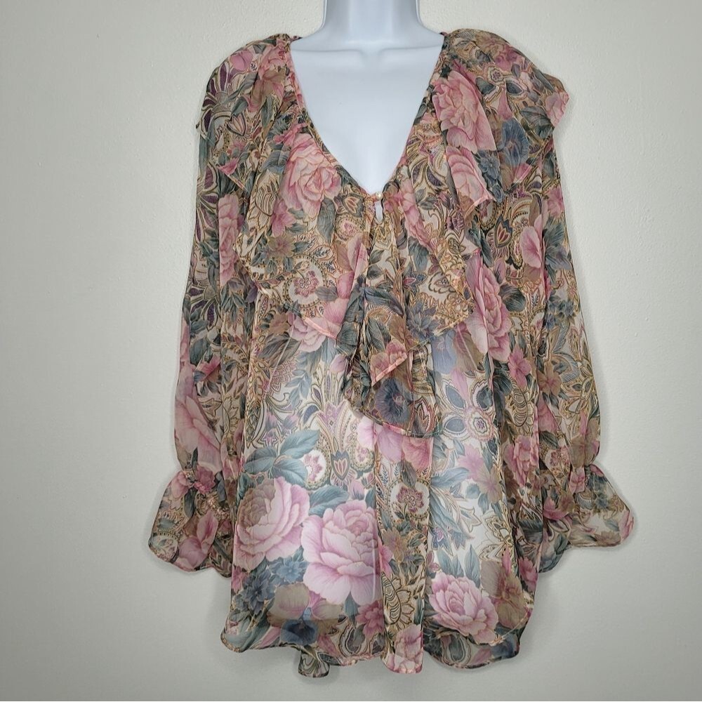 Vintage 80s 90s muted pastel semi-sheer ruffle feminine girlie top size small